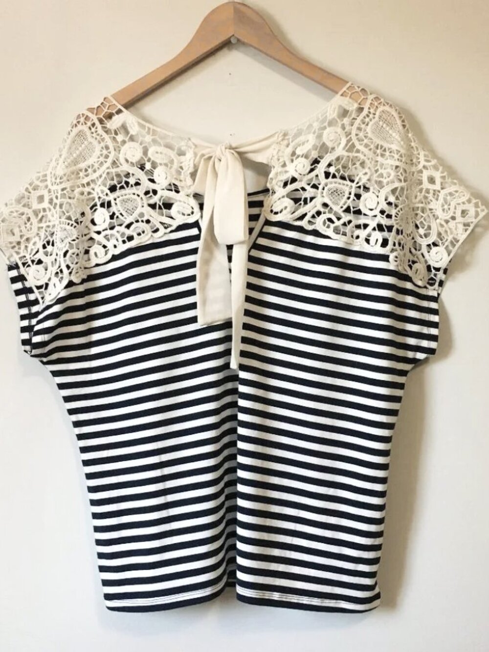 Ricki's B&W Striped Crochet Lace Shoulder Tie Neck Top XL Gothic French Girl